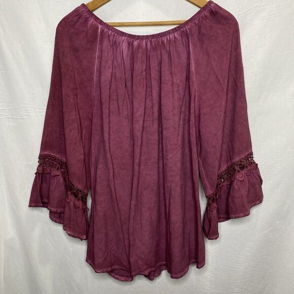 Floral & Ivy Blouse Smocked Neck Crochet Sleeve Tunic Flowy Womens Sz L Red Wine - Picture 3 of 10